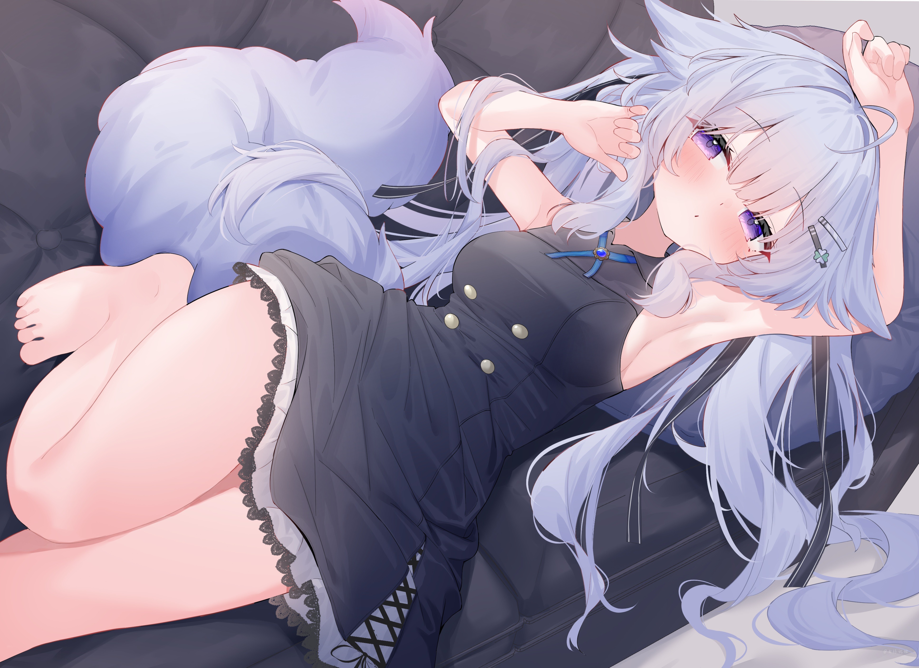Konachan.com - 403160 animal_ears barefoot blush breasts couch dress eip_(pepai) gray_hair long_hair no_bra purple_eyes tail.jpg